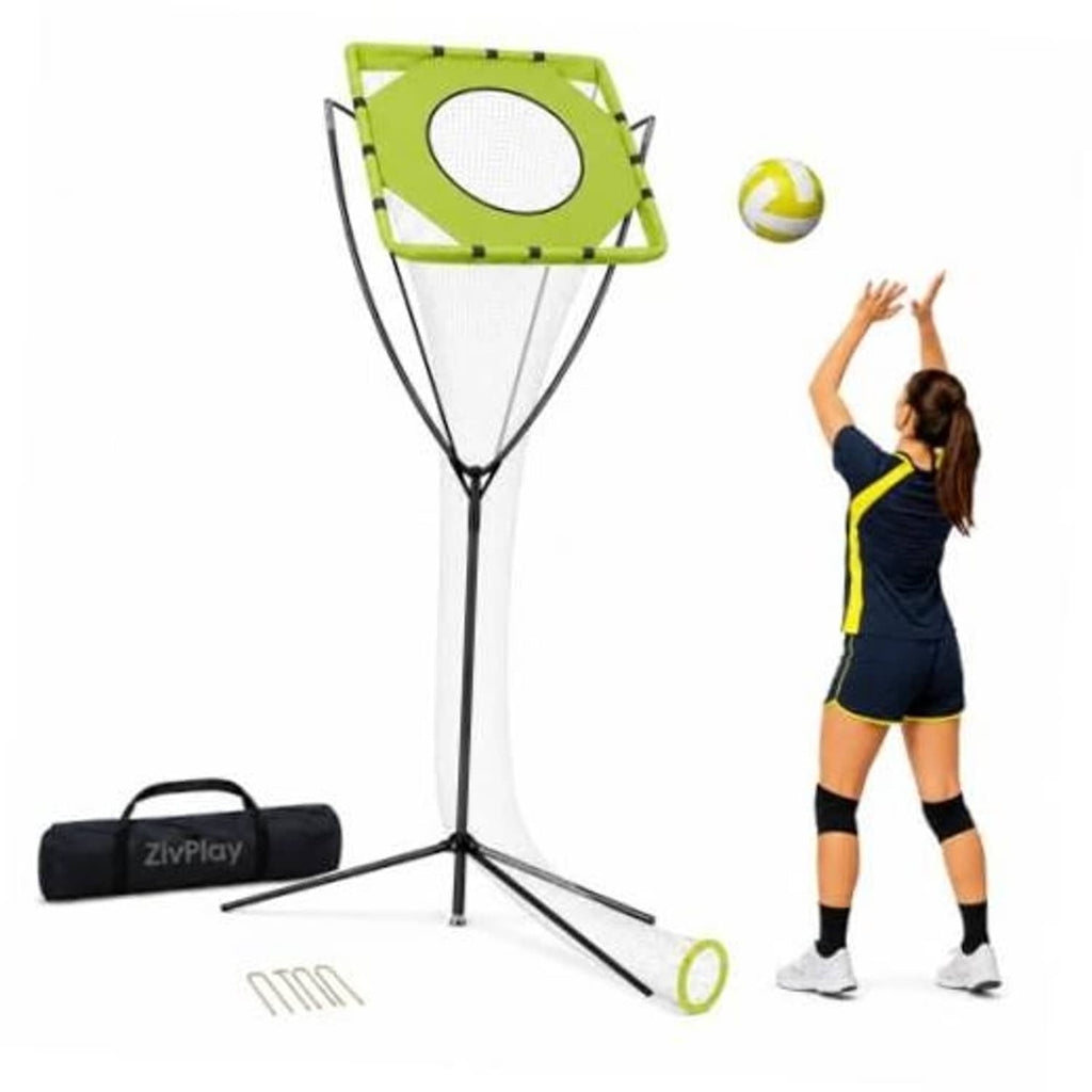 Volleyball setter training net with lime target frame and white mesh