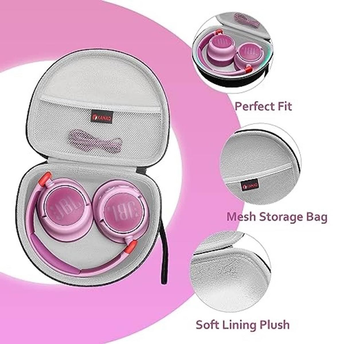 Light gray headphone case with mesh front; open view shows purple headphones and soft lining.