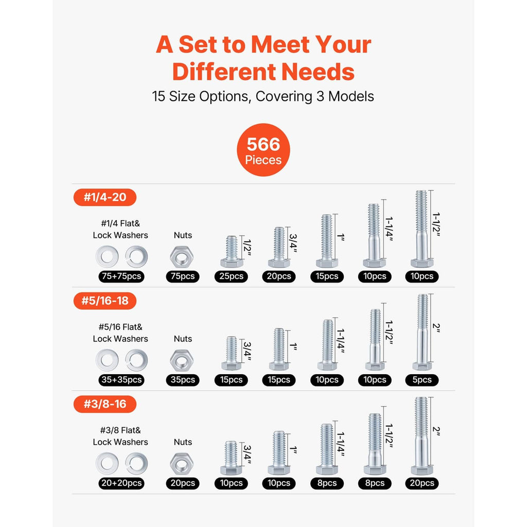 Bolt and nut kit diagram showing 566 pieces and sizes on storage card