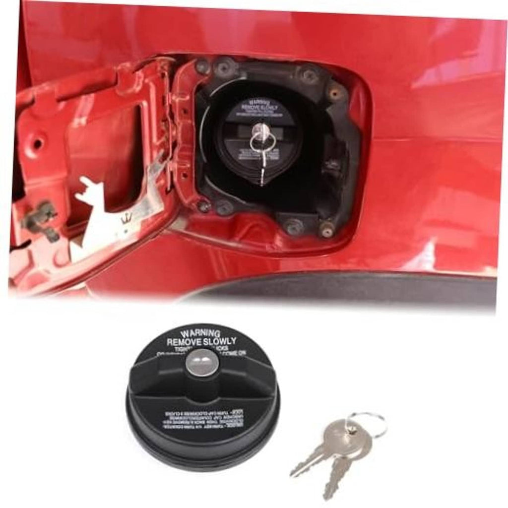 Black anti-theft fuel tank cap with circular lock and metal key, shown on fuel door