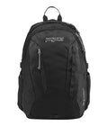 JanSport black hiking backpack with front zip pocket and padded shoulder straps