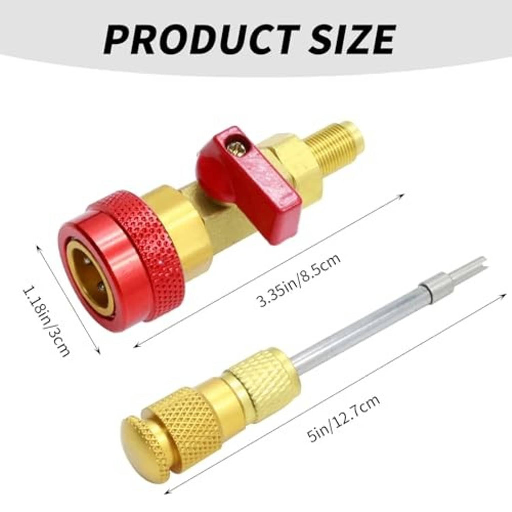 Valv core tool with red end cap and gold body, includes metal rod attachment