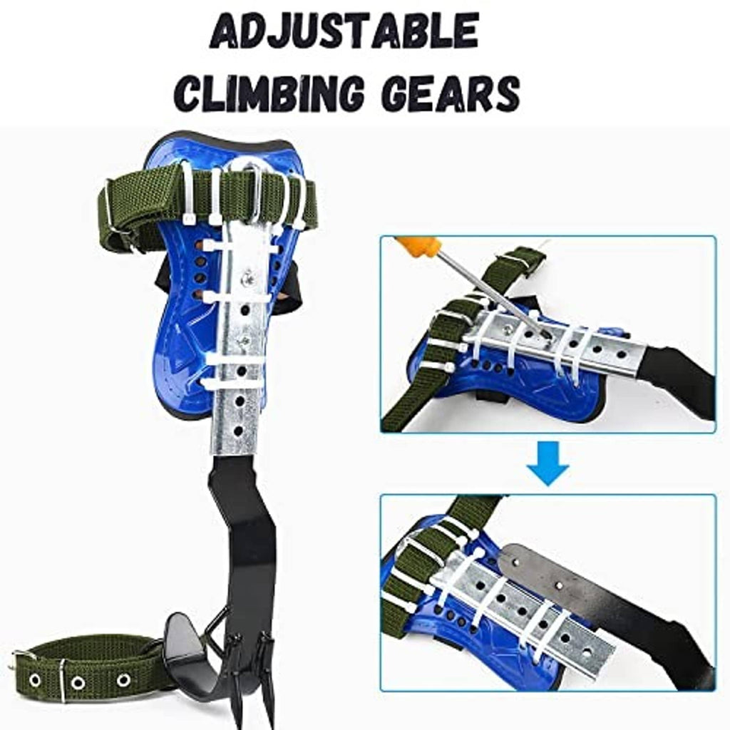 Adjustable tree climbing spikes with blue pads, silver steel frame, black ankle straps