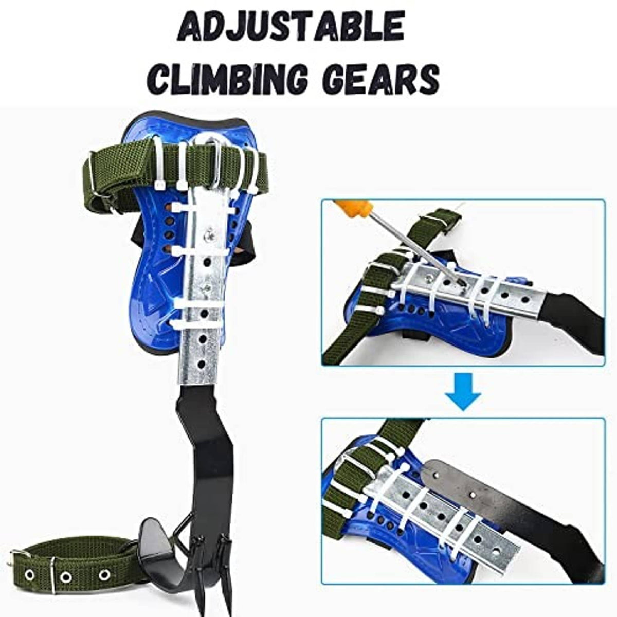 Adjustable tree climbing spikes with blue pads, silver steel frame, black ankle straps