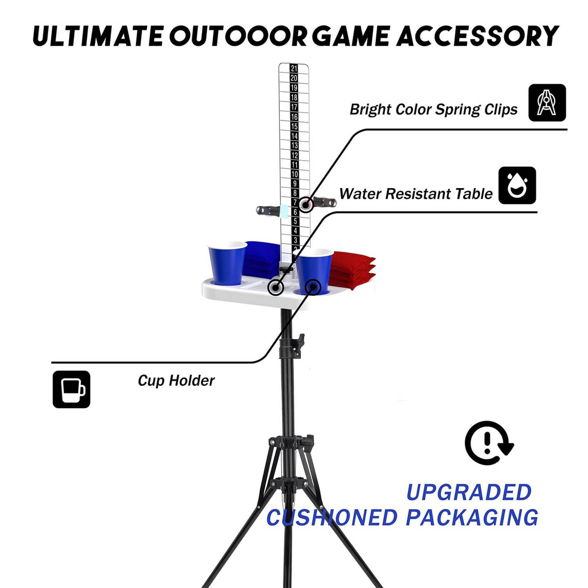 Cornhole scoreboard with tall number panel, two cup holders, and spring clips