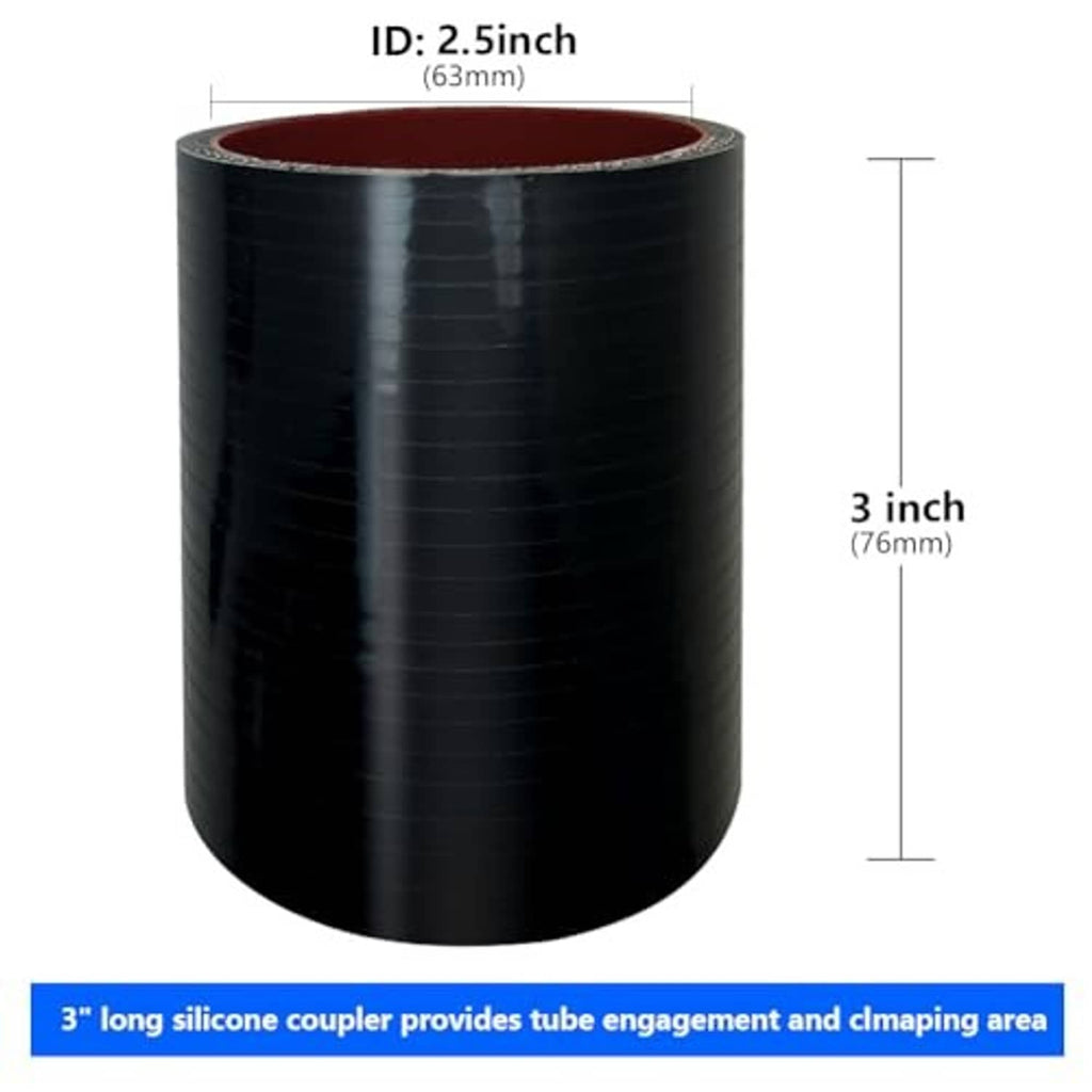 Black silicone hose coupler, 2.5 in ID and 3 in length, with red inner lining