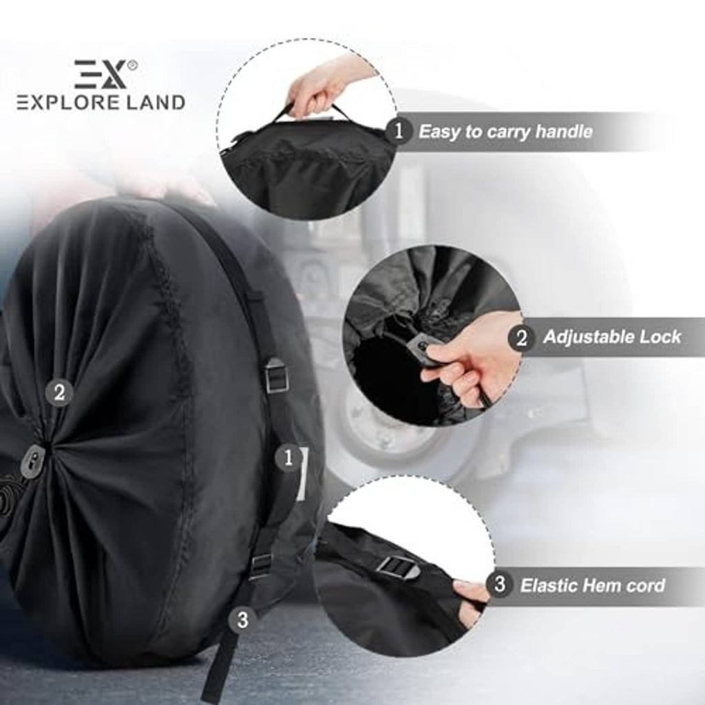 Black tire cover with carry handle, adjustable lock straps, and elastic hem cord