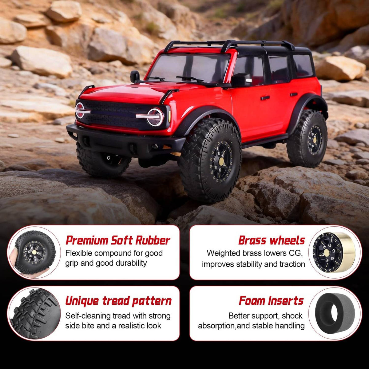 RC wheel and tire set with black beadlock rims and deep all-terrain tread