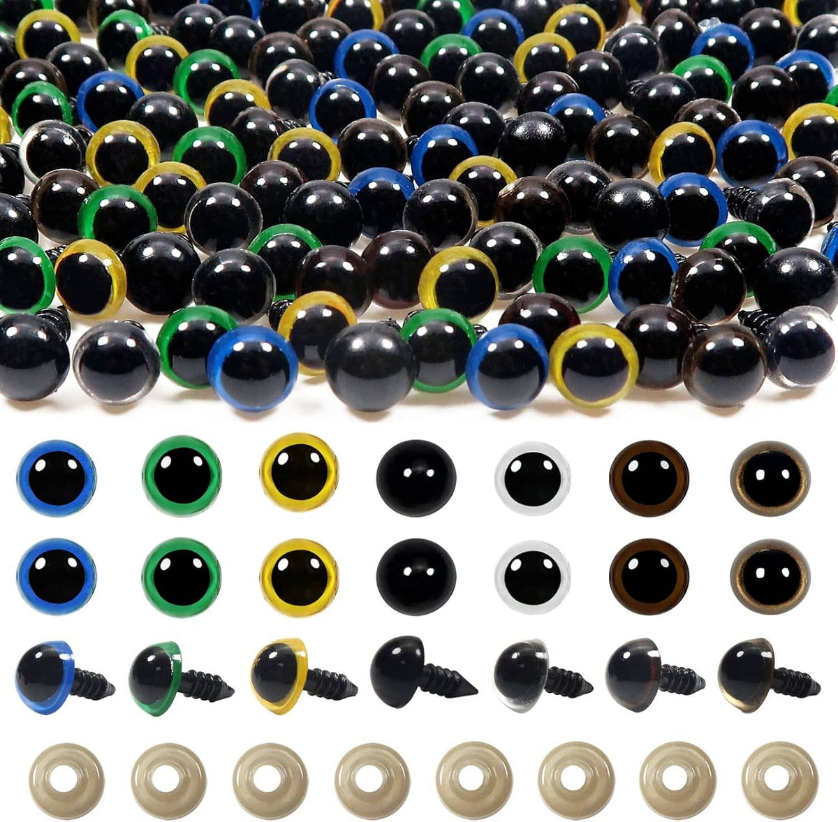 Assorted plastic safety eyes and washers, featuring blue, green, yellow, and brown