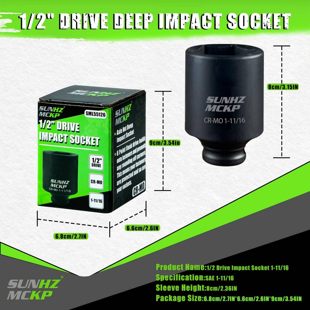 Black 1/2-inch drive deep impact socket with retail box and size measurements
