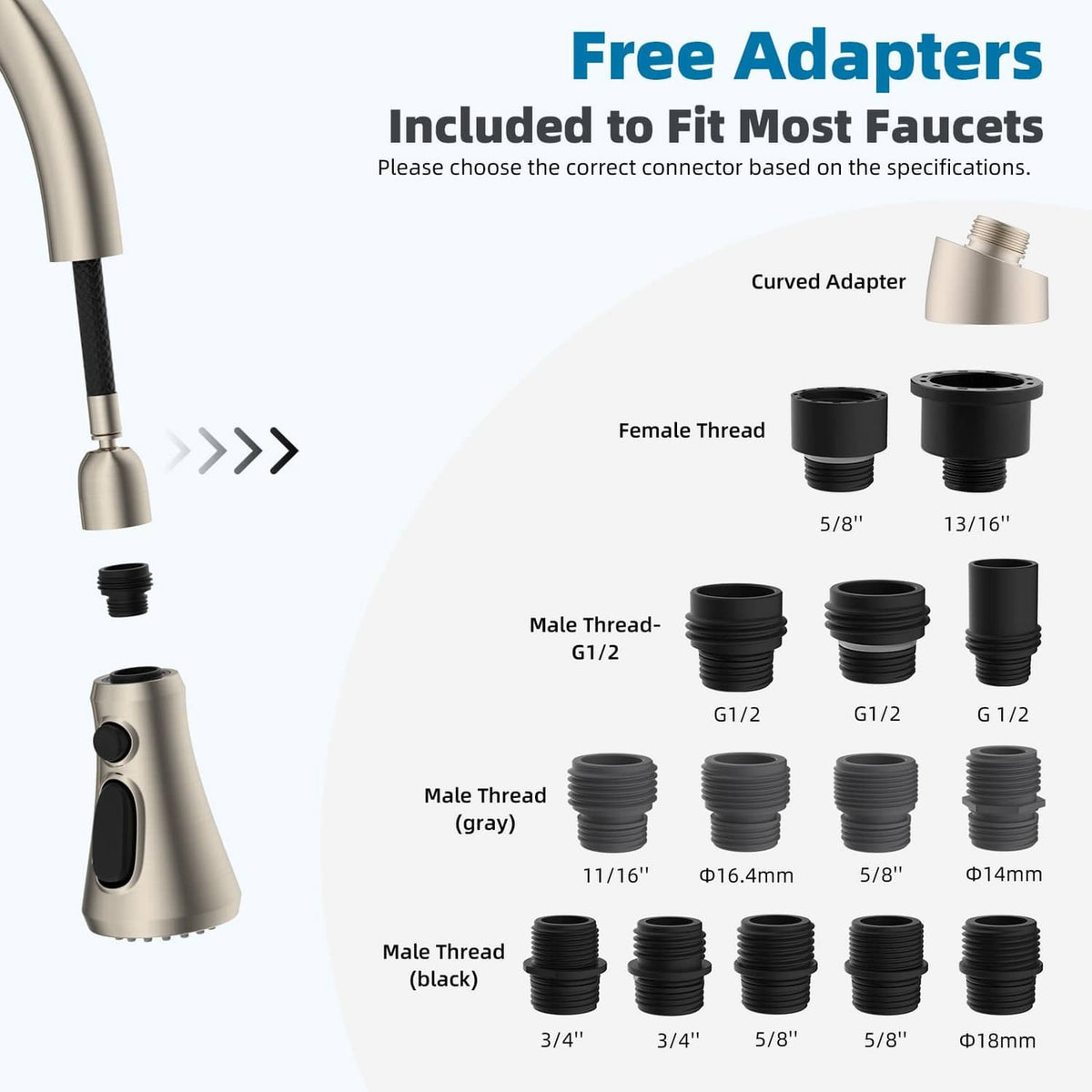Brushed nickel pull-down faucet adapter set with black and gray threaded couplers