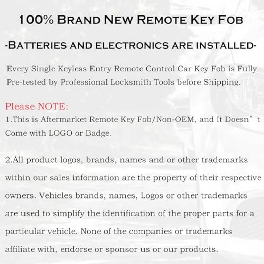 Remote key fob replacement promotional card with 100% brand new messaging