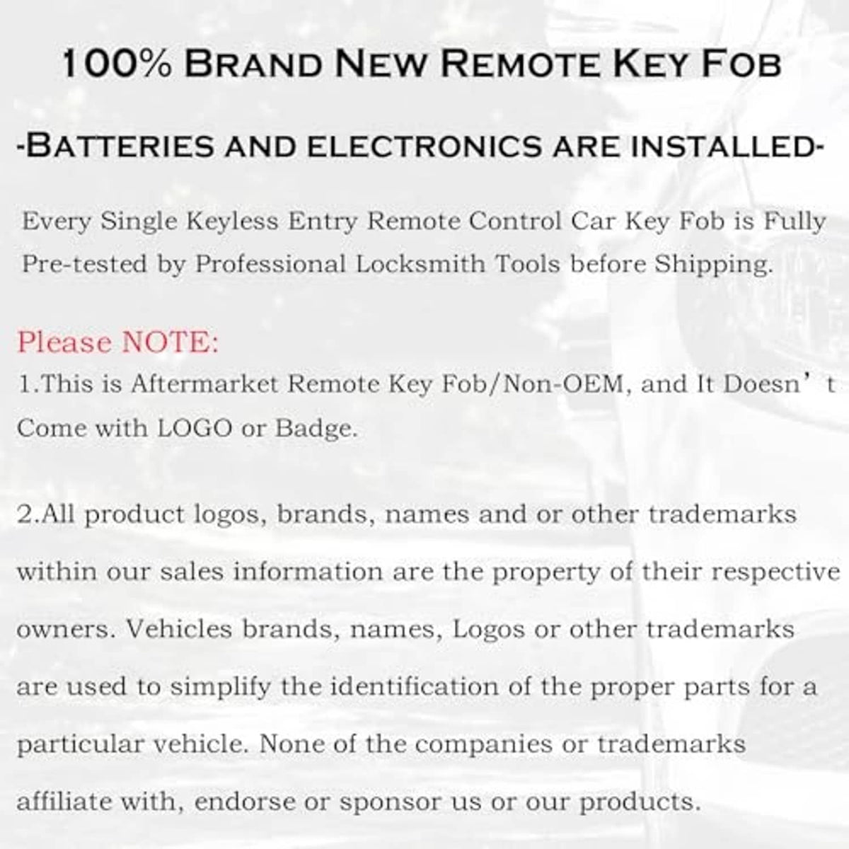 Remote key fob replacement promotional card with 100% brand new messaging