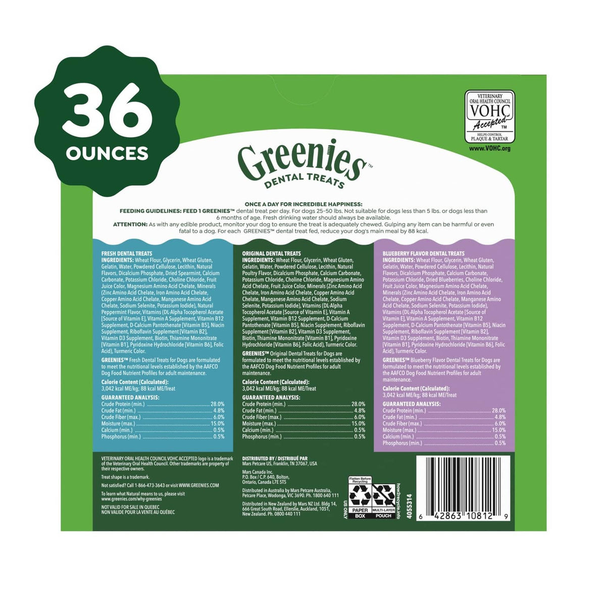 Greenies dental treat back panel with feeding directions and nutrition chart