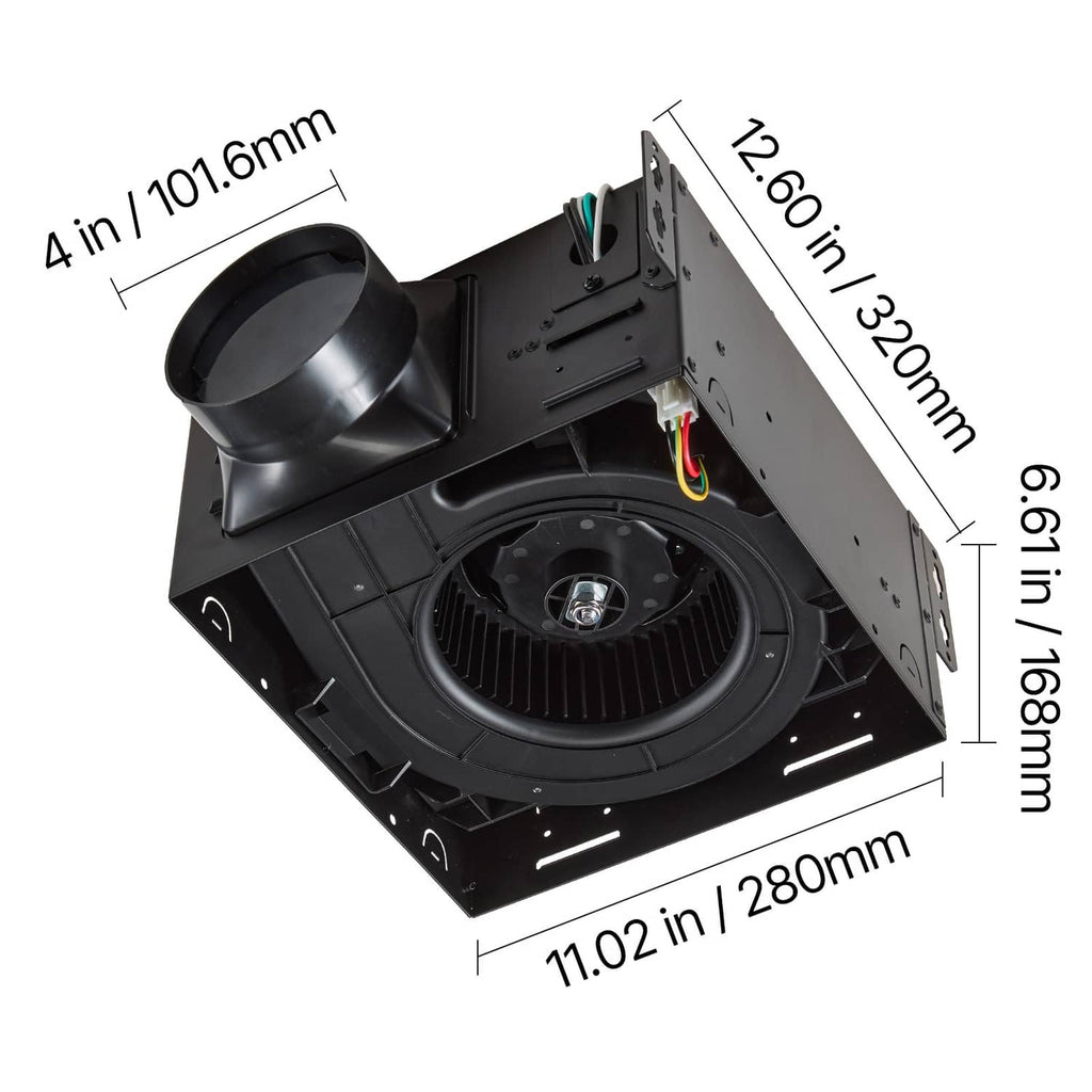 Ceiling exhaust fan underside view with black duct collar and white LED light panel