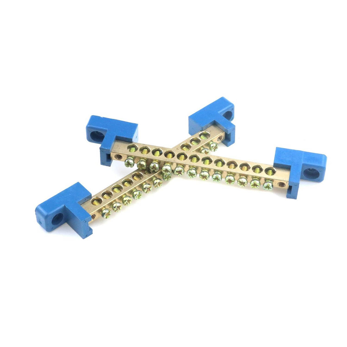 Brass screw terminal block with blue clips, angled view of screw terminals row