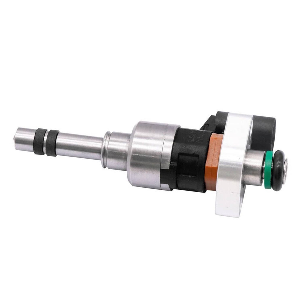 Fuel injector with long metal shaft, black connector housing, orange seal band, green O-ring