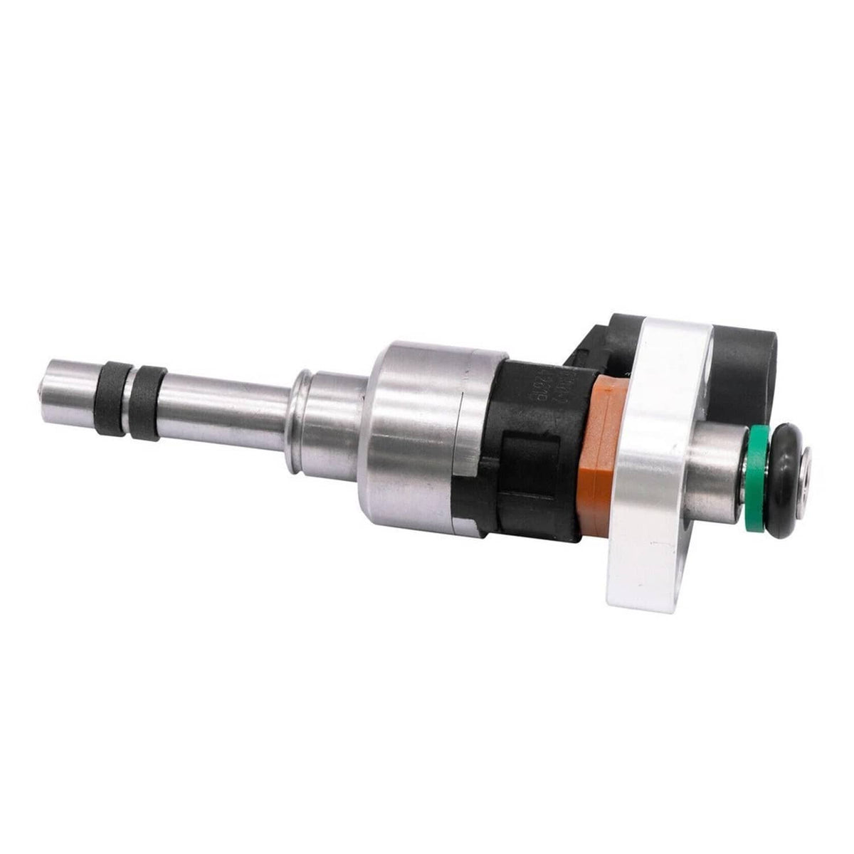 Fuel injector with long metal shaft, black connector housing, orange seal band, green O-ring