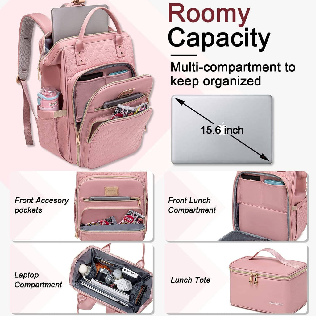 Pink lunch backpack with multi-compartment storage for laptop and lunch tote