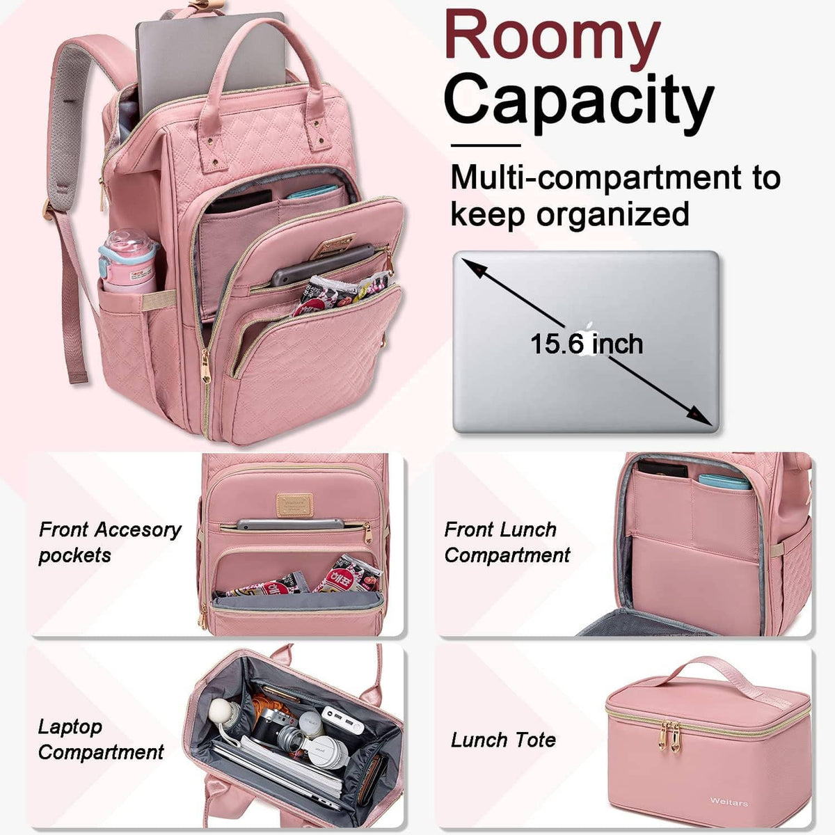 Pink lunch backpack with multi-compartment storage for laptop and lunch tote