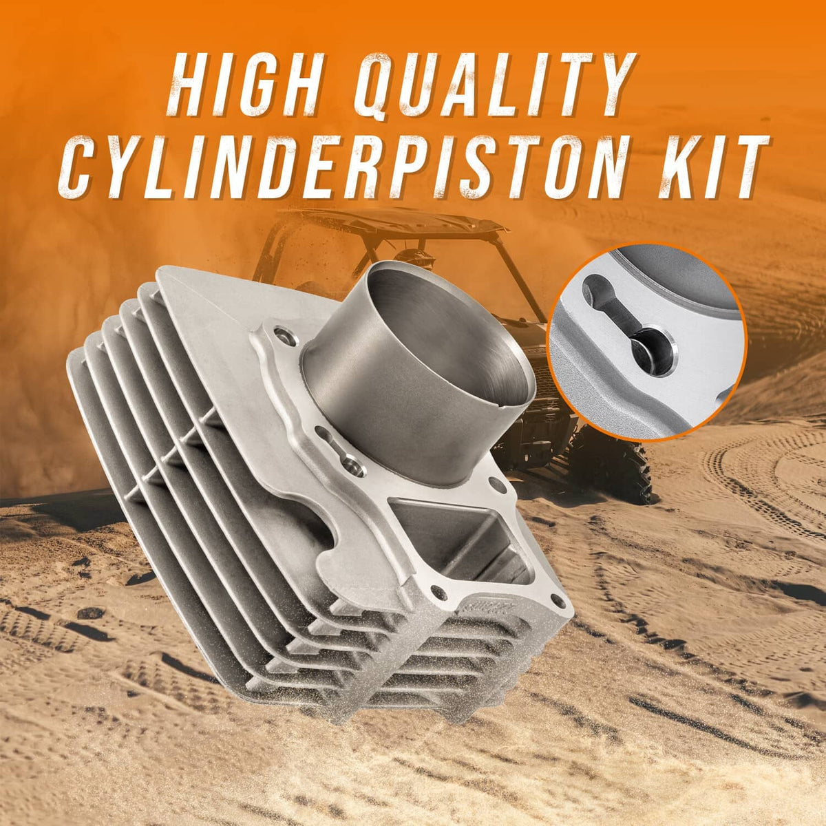 Aluminum cylinder kit with cylinder head and piston visible in close-up