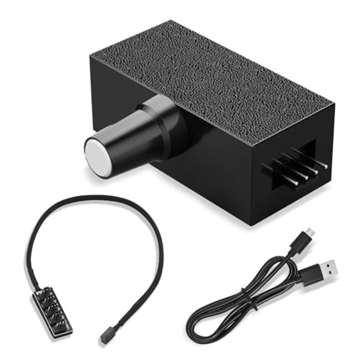 Black PWM fan controller box with 4-pin cable splitter and USB-C power lead