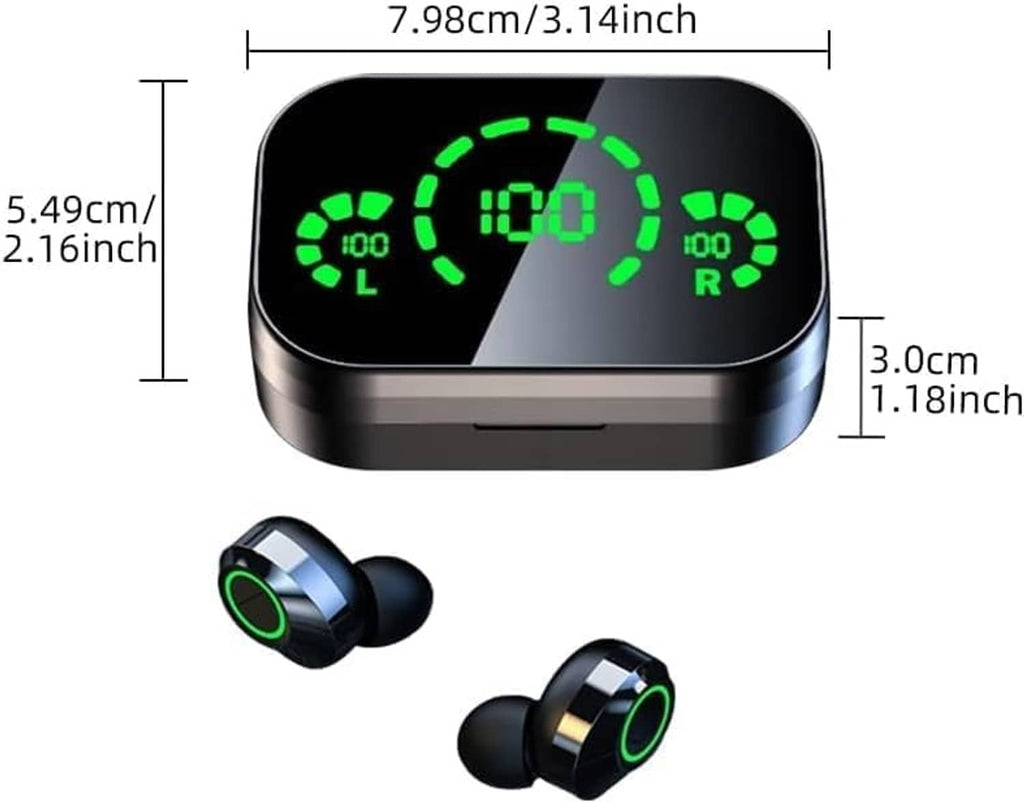 Black translation earbuds and charging case with size dimensions in inches