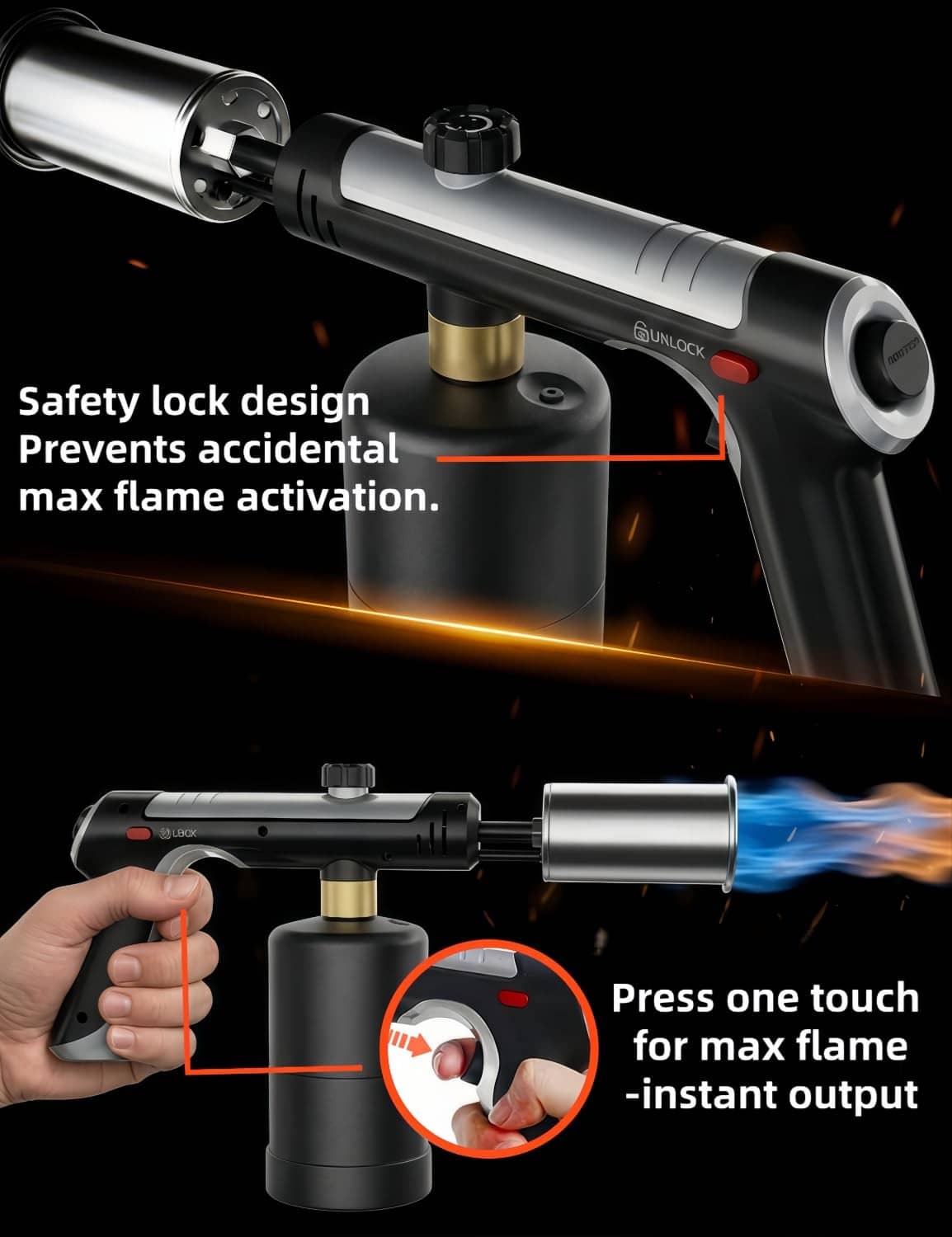 Black propane torch gun with ignition button and flame-control knob on top