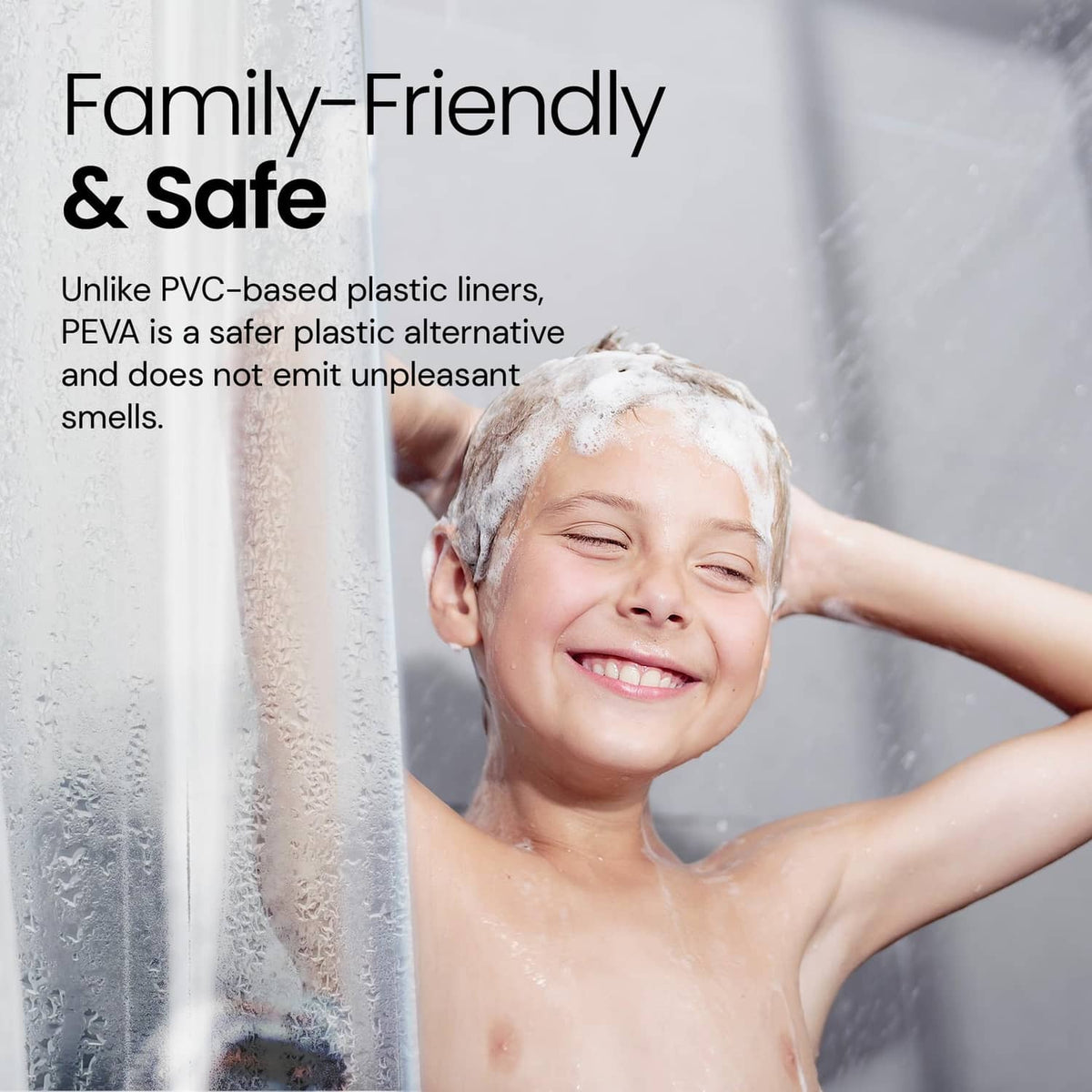 Clear shower curtain liner with water spray and splashes visible