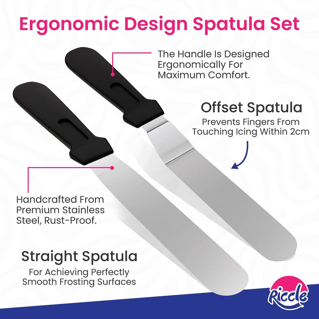 Ergonomic spatula set with black-handled offset and straight stainless spatulas