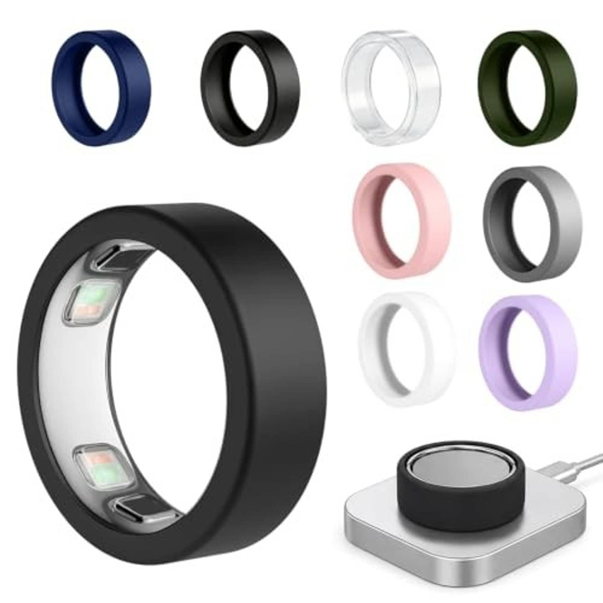 Assorted silicone ring covers set, showing dark, blue, white, green, and pink ring cases