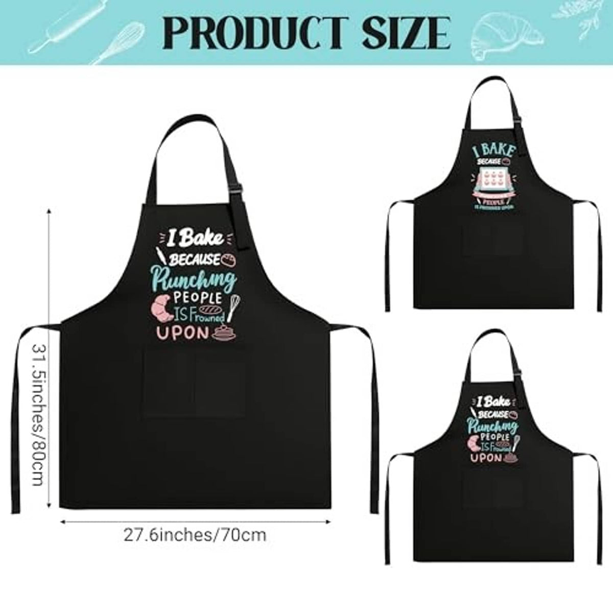 Black I Bake apron set, front view of two aprons with neck straps and large pockets