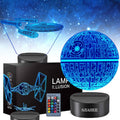 3D LED night light with black base; blue glowing planet and starship; includes remote