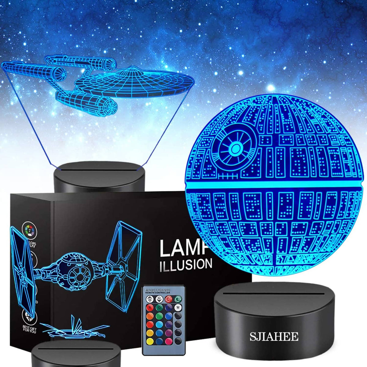 3D LED night light with black base; blue glowing planet and starship; includes remote