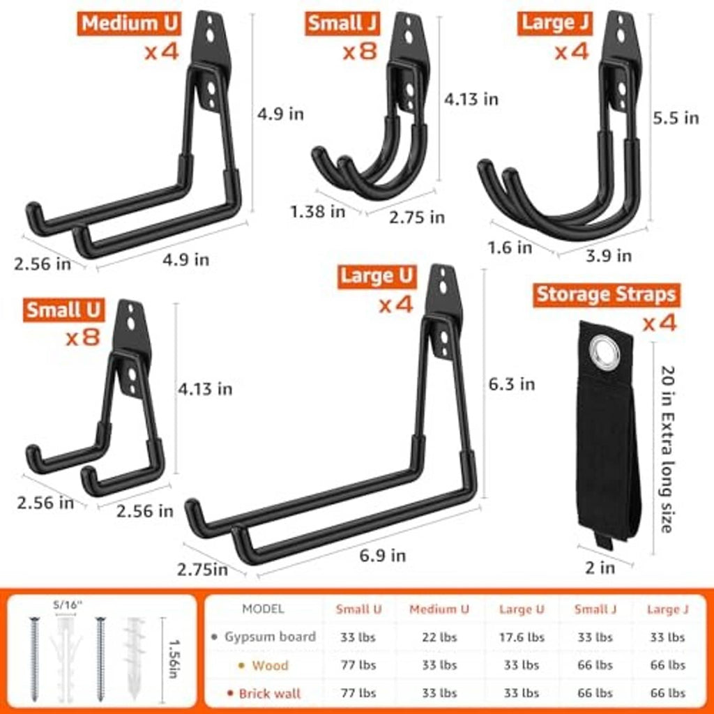 Black garage hook size diagram with small, medium, and large U-hook dimensions