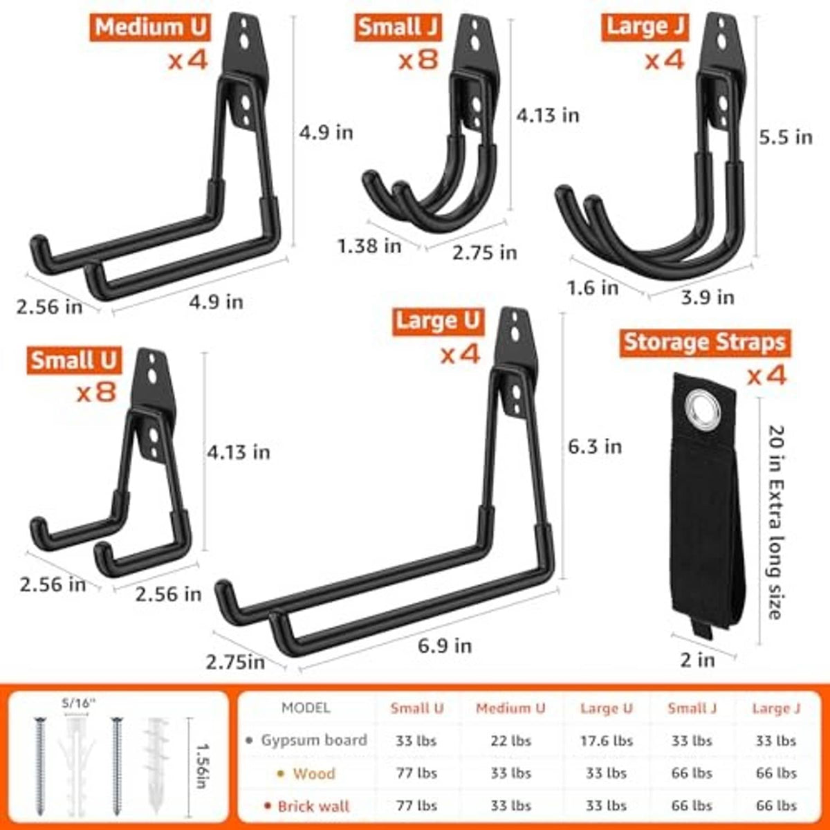 Black garage hook size diagram with small, medium, and large U-hook dimensions