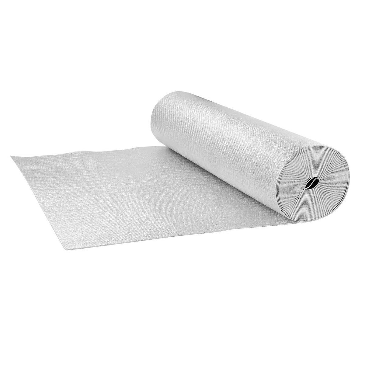 Silver radiant barrier insulation roll with rolled cylinder and extending flat sheet