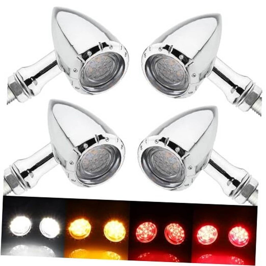 4-pack motorcycle bullet LED turn signal lights with chrome housings and clear lenses