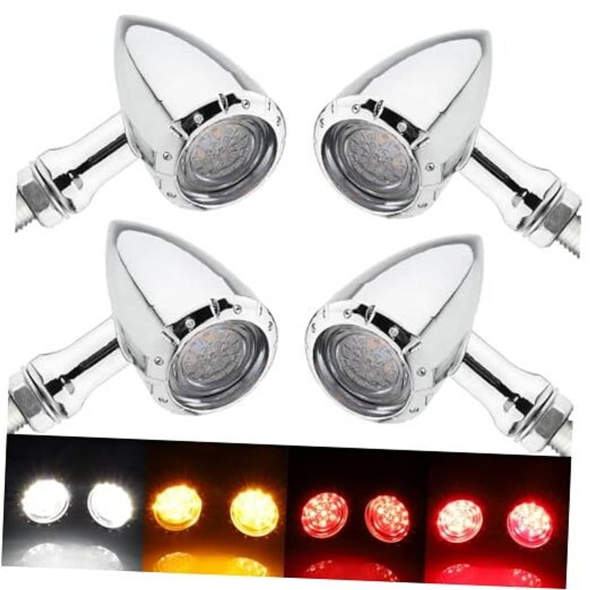 4-pack motorcycle bullet LED turn signal lights with chrome housings and clear lenses