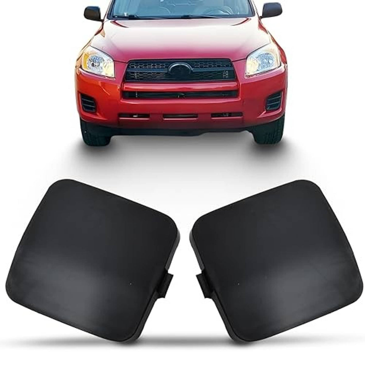 Two black front bumper tow hook eye cover caps, left and right