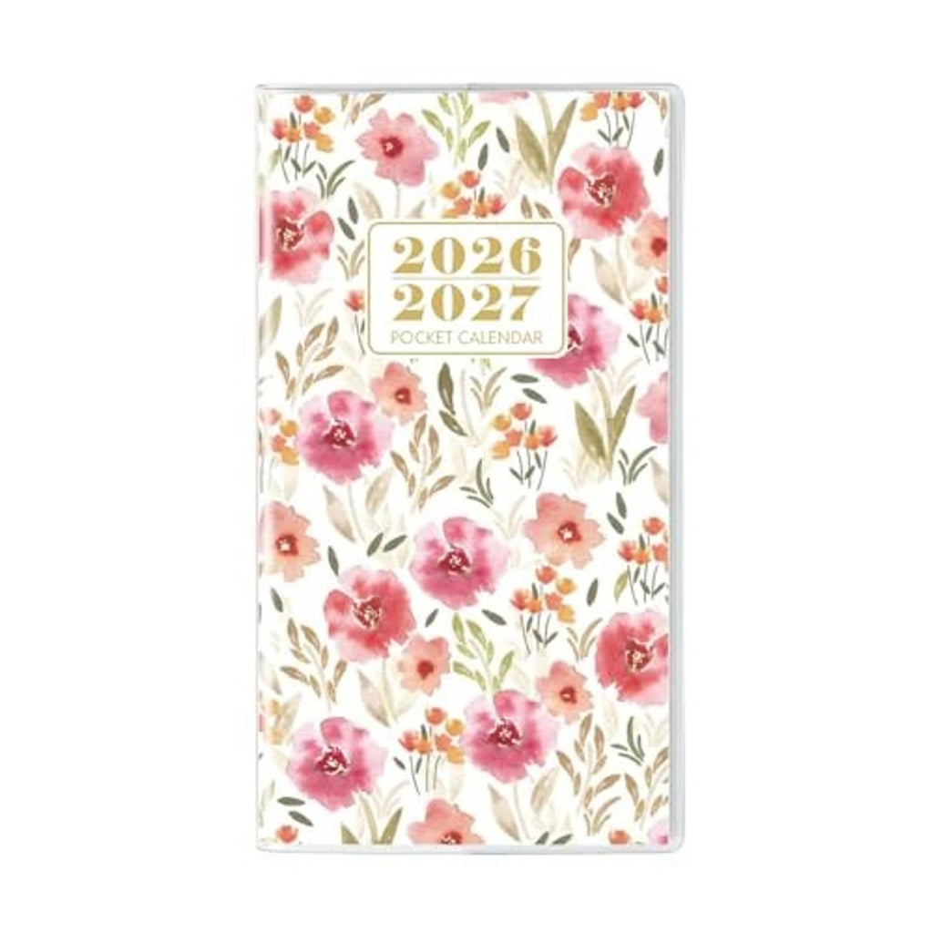 Floral pocket calendar cover with '2026–2027' label on clear sleeve