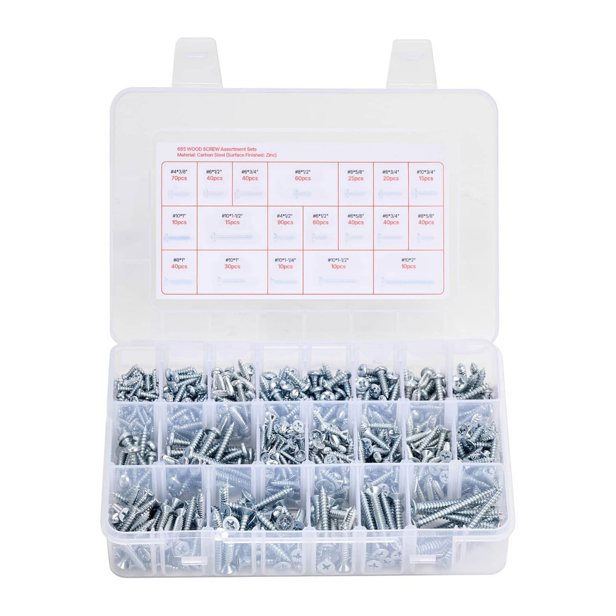 Clear organizer case with divided compartments holding assorted silver bolts and nuts