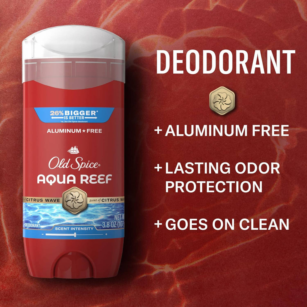 Old Spice Aqua Reef aluminum-free deodorant stick, red container with clear top.