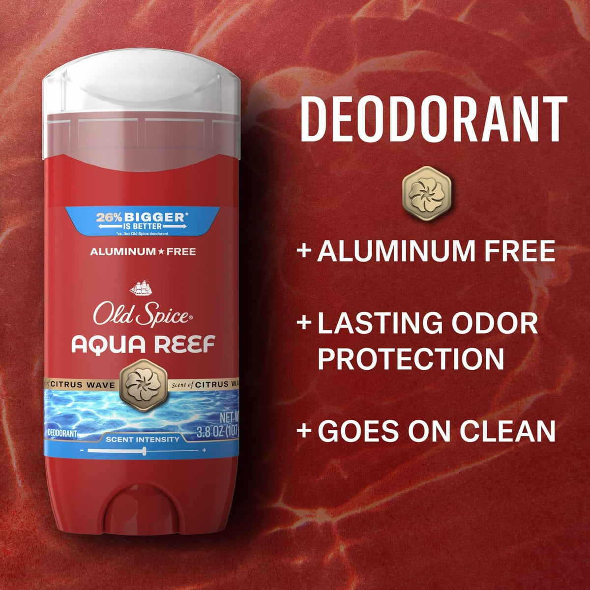 Old Spice Aqua Reef aluminum-free deodorant stick, red container with clear top.