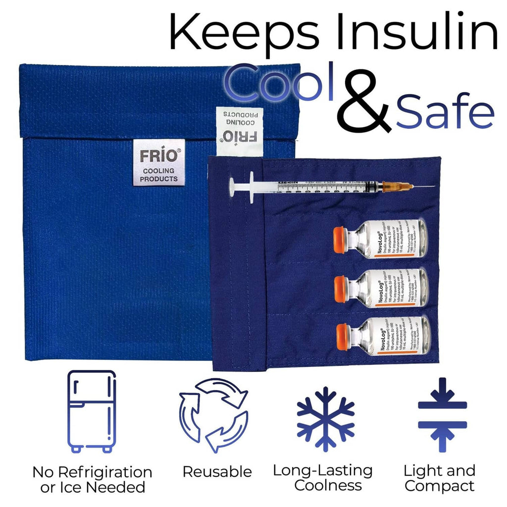 Blue FRIO cooling wallet open with insulin vials and syringe storage compartments