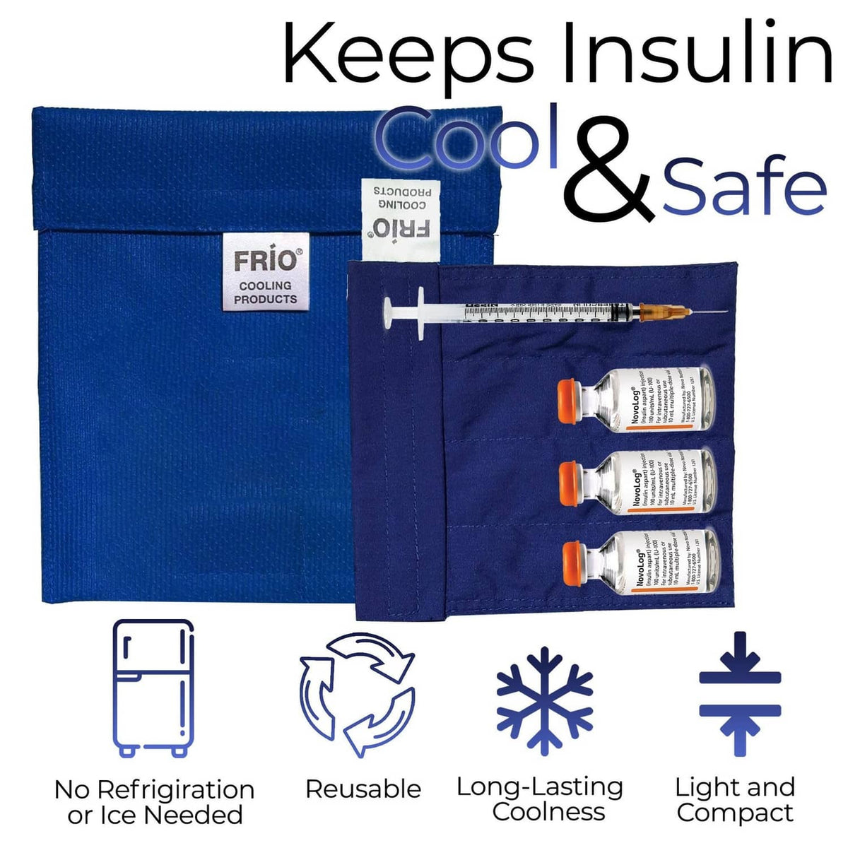 Blue FRIO cooling wallet open with insulin vials and syringe storage compartments