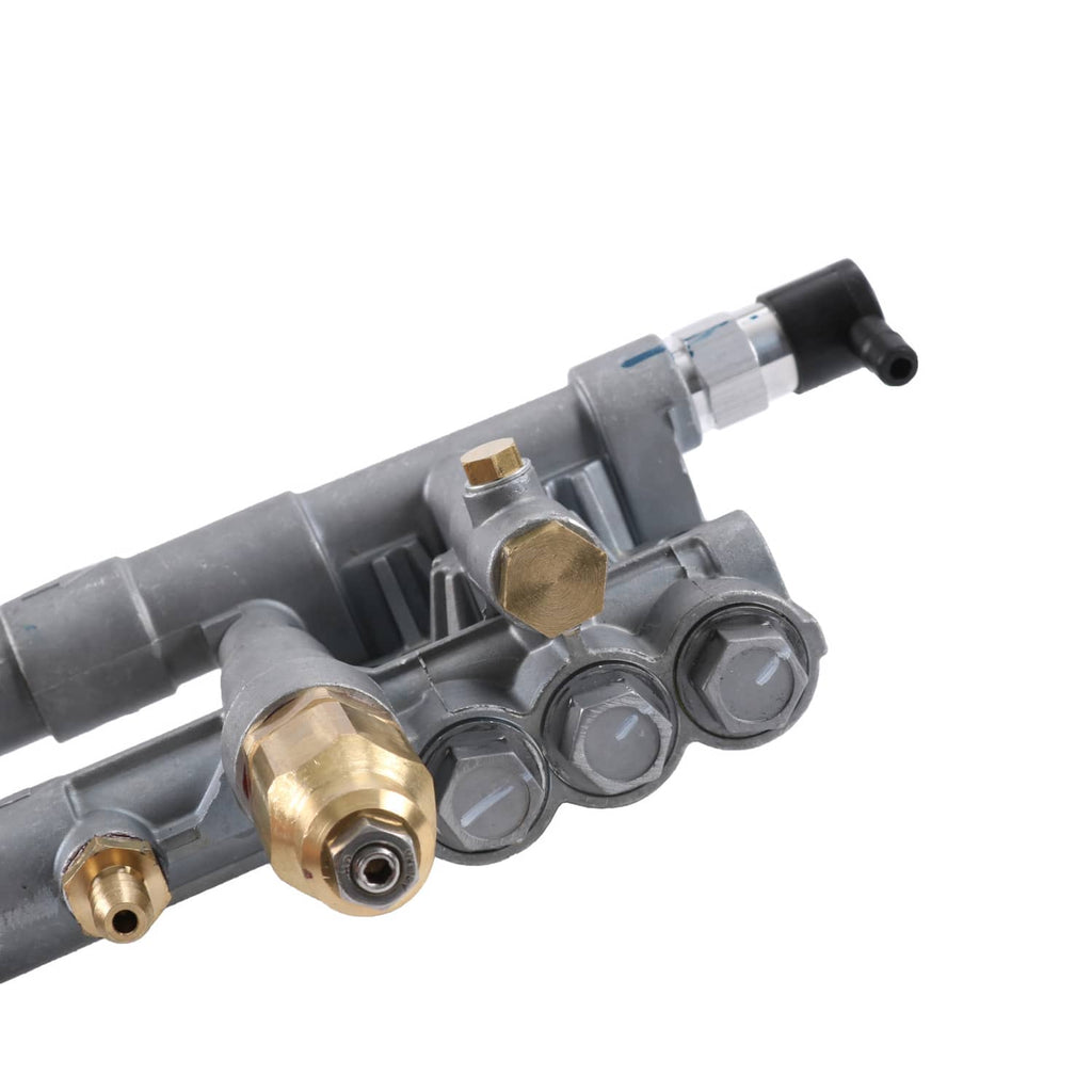 Pump head assembly close-up with brass connectors, grey housings, and black hose outlet
