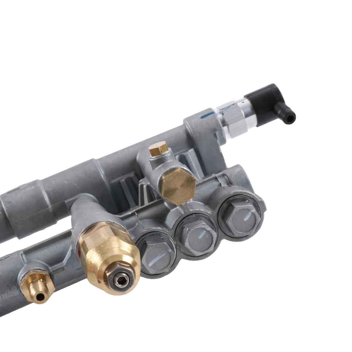 Pump head assembly close-up with brass connectors, grey housings, and black hose outlet