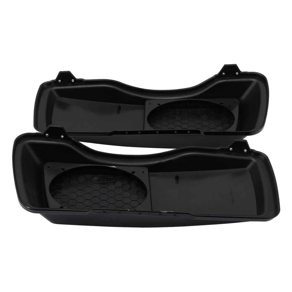Pair of black hard saddlebag speaker covers with inner mounting cavity and speaker openings