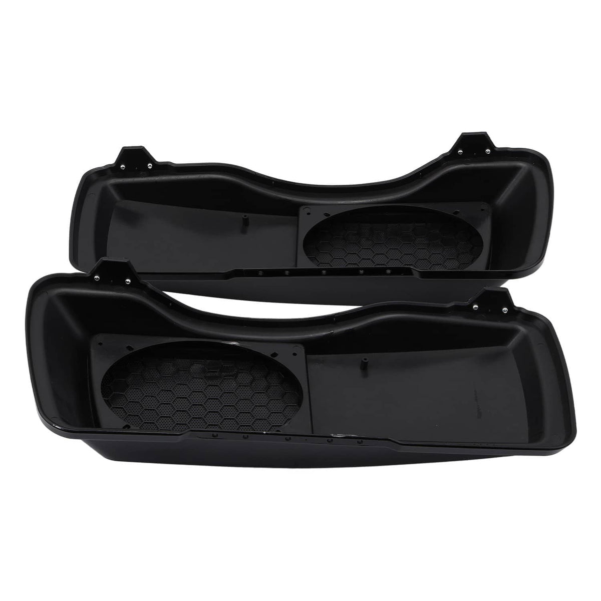 Pair of black hard saddlebag speaker covers with inner mounting cavity and speaker openings